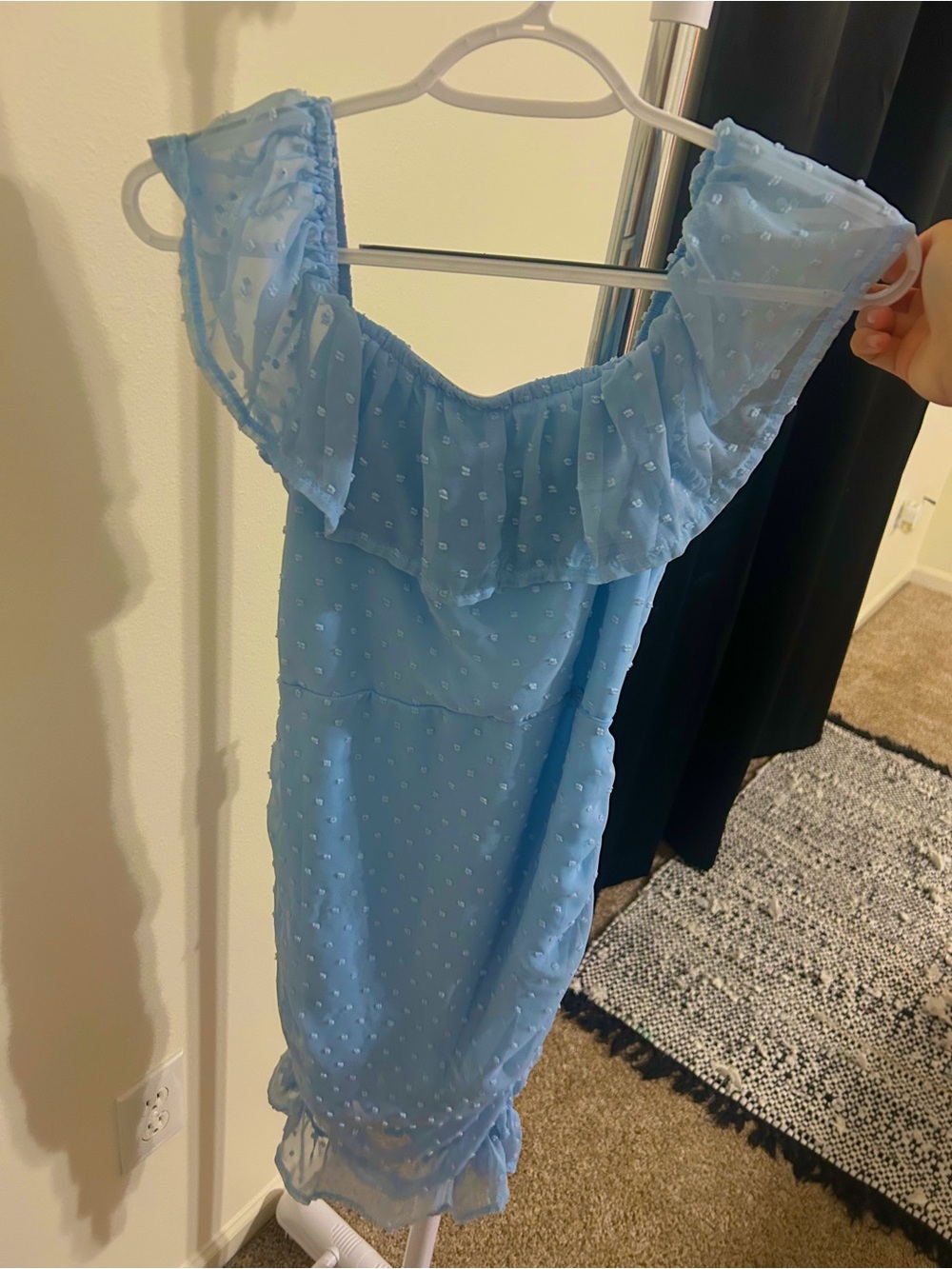 YillBasha Light Blue Swiss Dot Ruched Ruffle Midi Dress XS